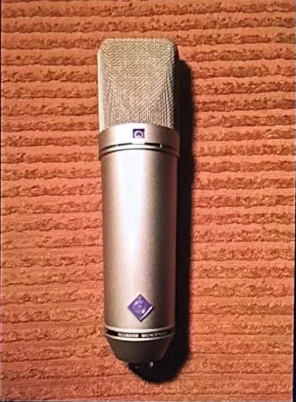 A studio condenser microphone against an acoustic wall panel