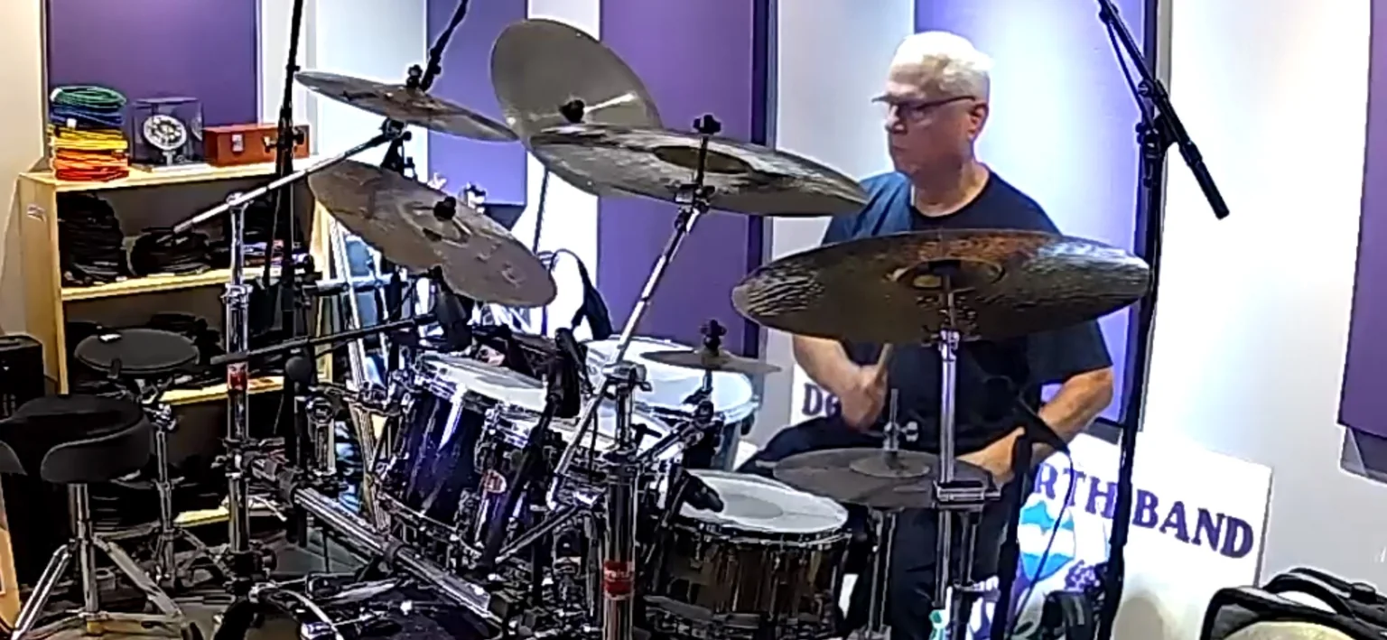 Steve Demetrician playing the acoustic drum kit